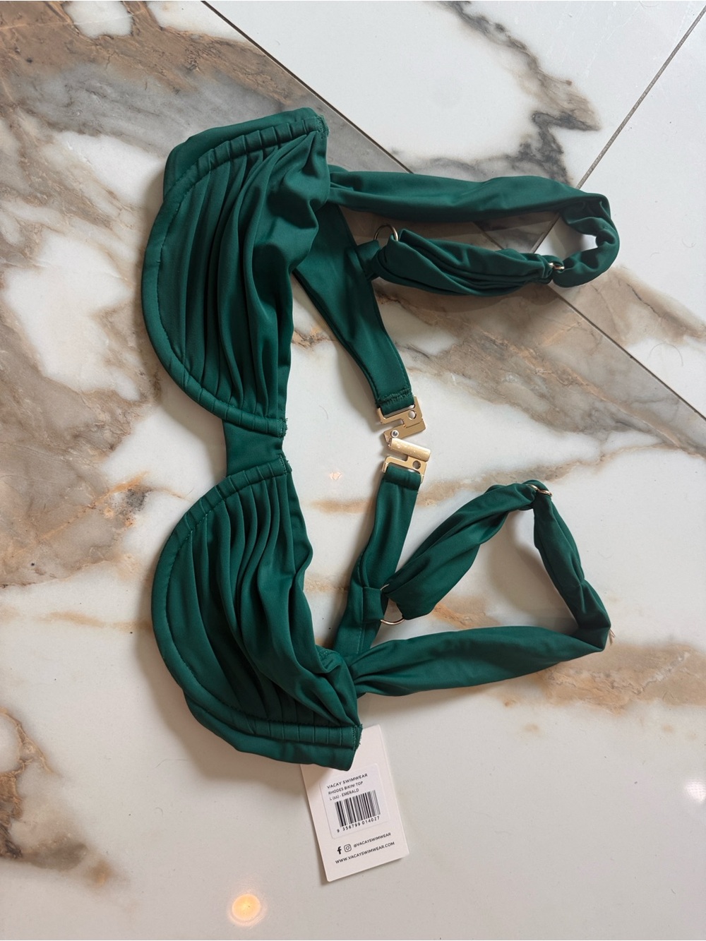 Ruched Emerald Green Bikini Top with Gold Hardware - Women Swim